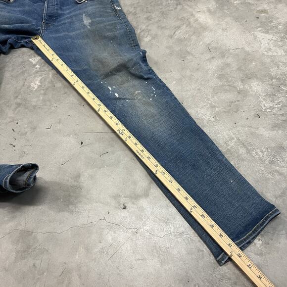 G Star Raw 3301 Straight Tapered Jeans Mens 34x32 Blue Button Fly Paint Distress - Picture 6 of 11